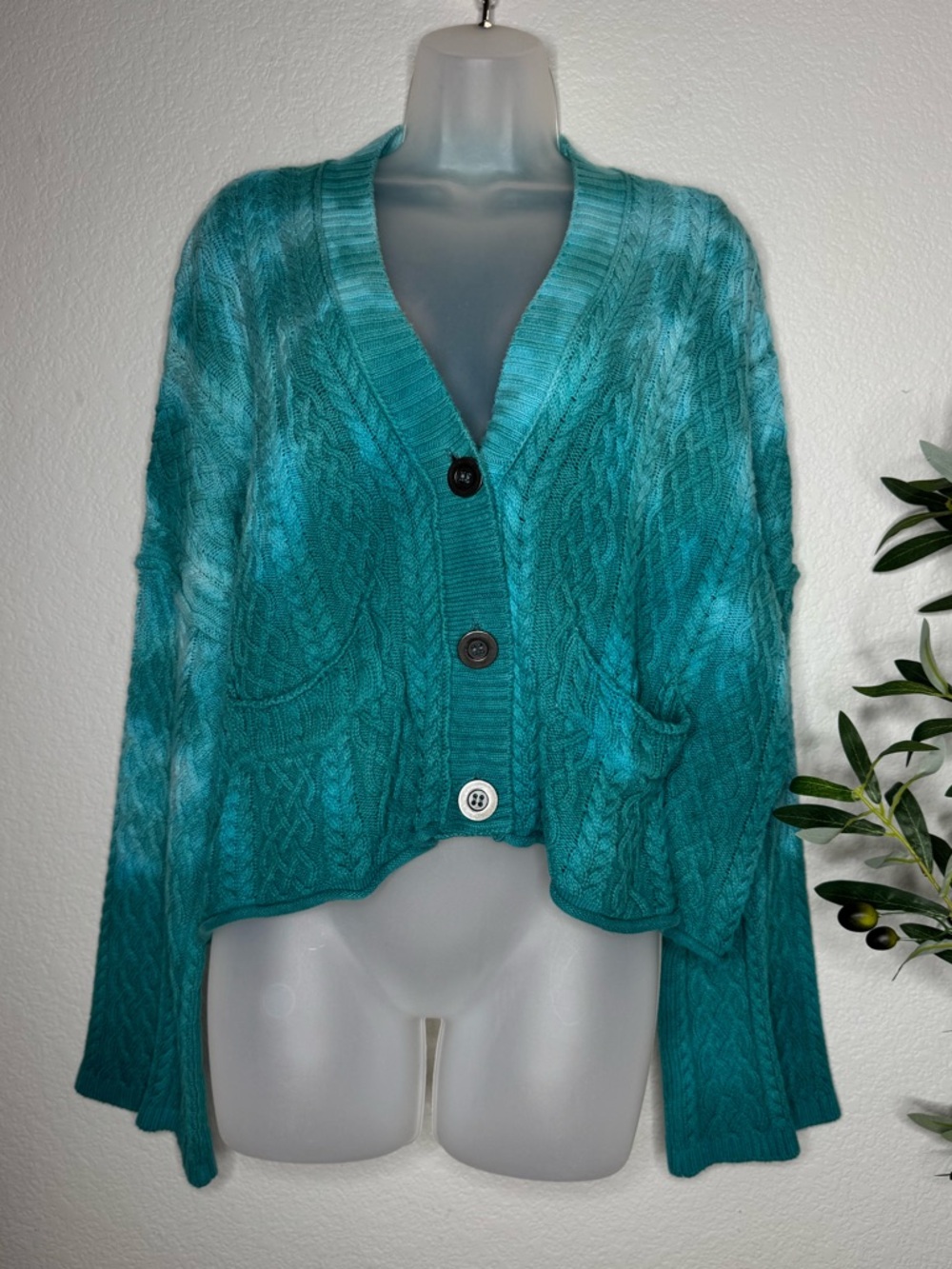 Free People Teal Cable Knit Cardigan Size S Cotton Chunky Button Front Pocket